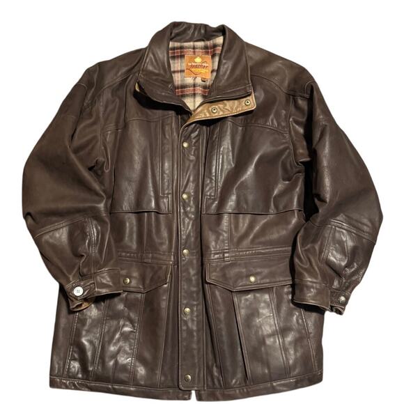 The Territory Ahead Brown Leather Teacher Jacket (XL) – Plaid Lined Field Coat - Picture 2 of 5